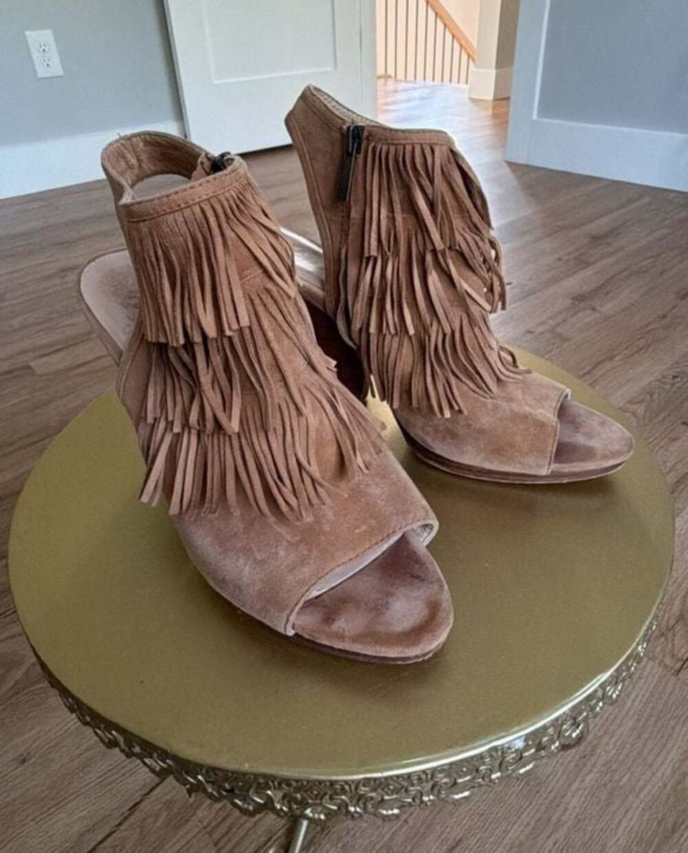 Vince Camuto Torey Chestnut Suede Fringe Open Toe Booties